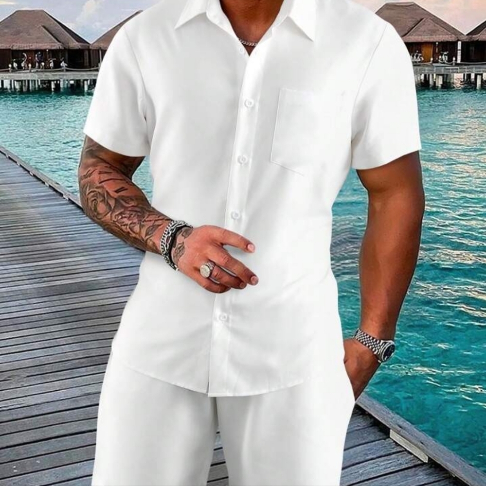 Men's White 100% Polyester Short Suits